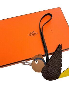 HERMES Birdy Bag Charm "Chocolate" Epsom Leather & "Chai" Milo Leather PHW